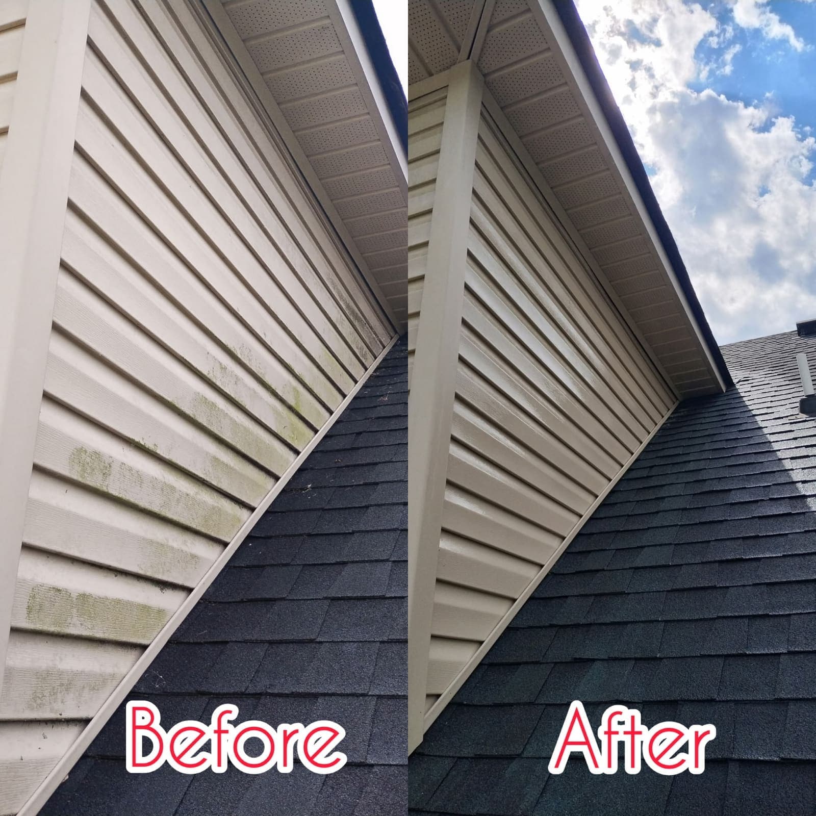 Vinyl siding with algae before soft washing and clean siding after