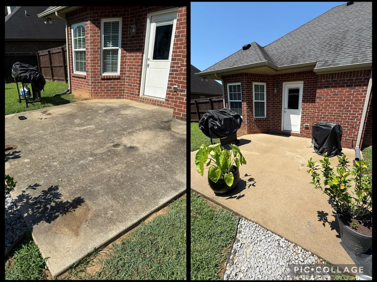 Stained concrete patio before pressure washing and clean patio after