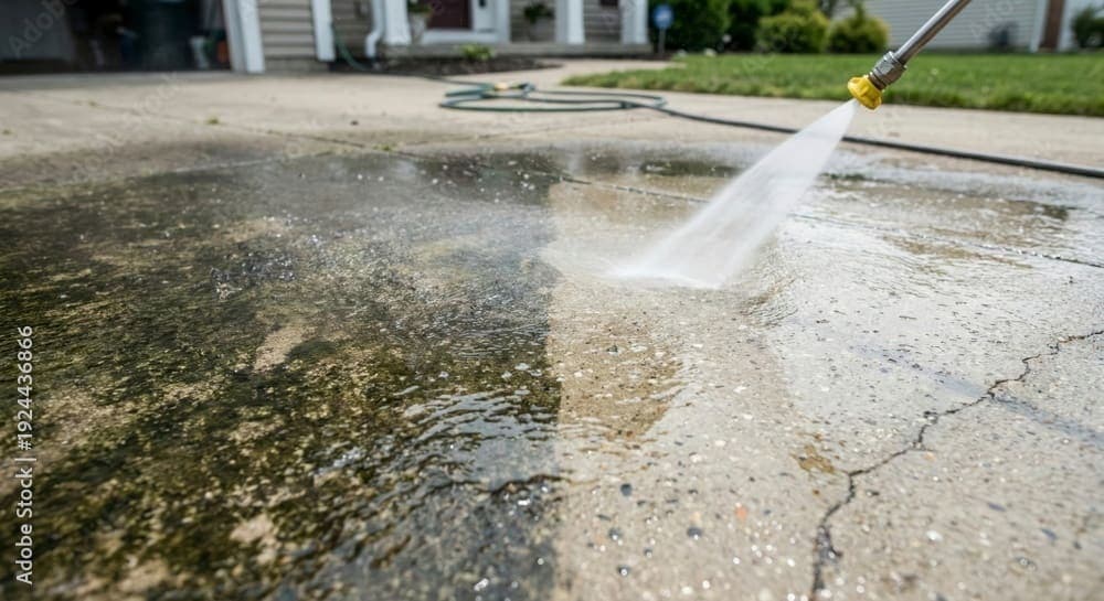 Pressure washer cleaning a concrete driveway showing before and after in real time