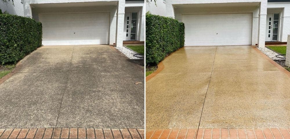 Stained concrete driveway before pressure washing and clean driveway after