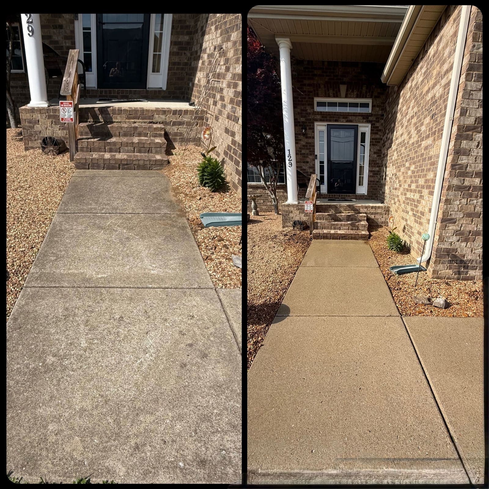 Dirty front walkway before pressure washing and clean walkway after
